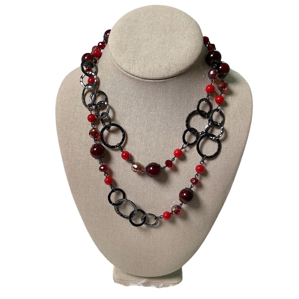 Premier Designs Gunmetal Ring Chain Red Very Berry Beaded Necklace Edgy F14-8